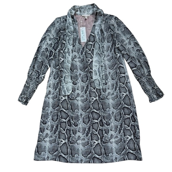 Rebecca Taylor Sz 0 Dress Silk Grey Pink Long Sleeve Tie V-neck Python Snake - Picture 2 of 6